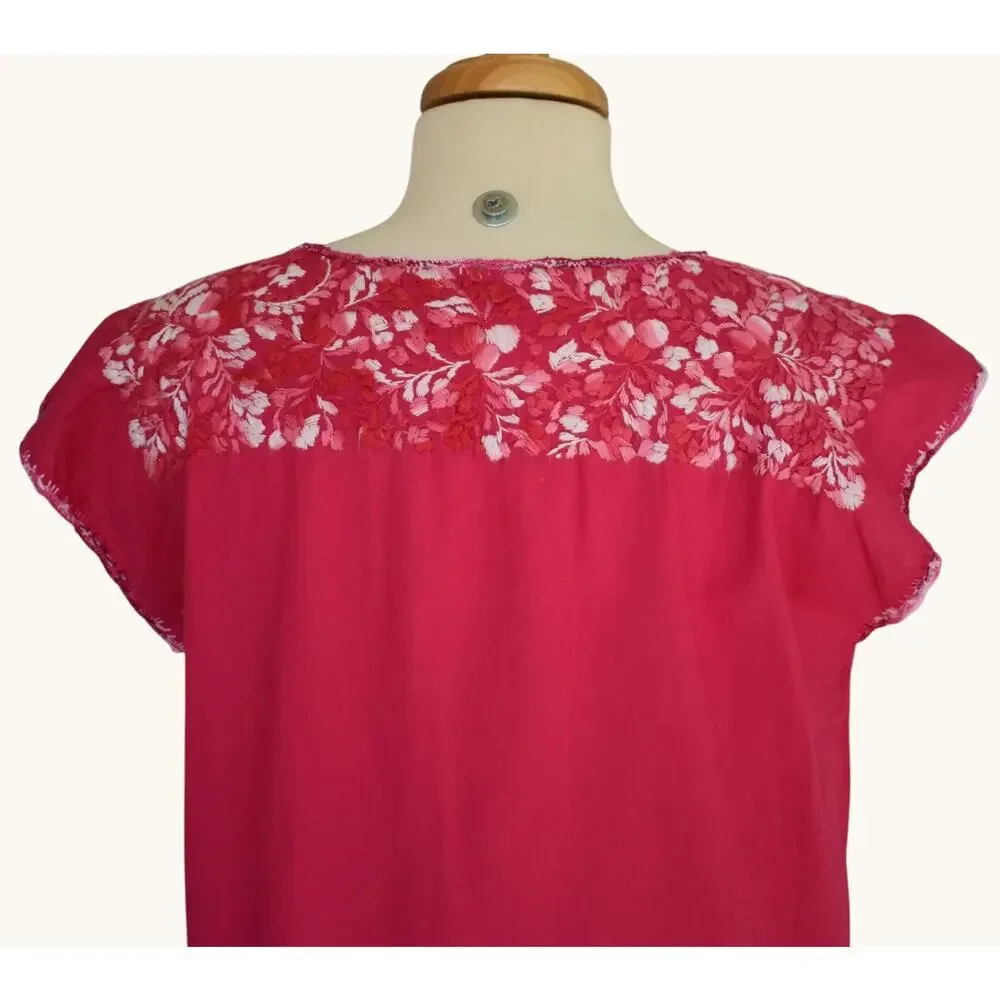 Vintage 70s Hand Embroidered Mexican Blouse, Pink Cotton, Size M Medium